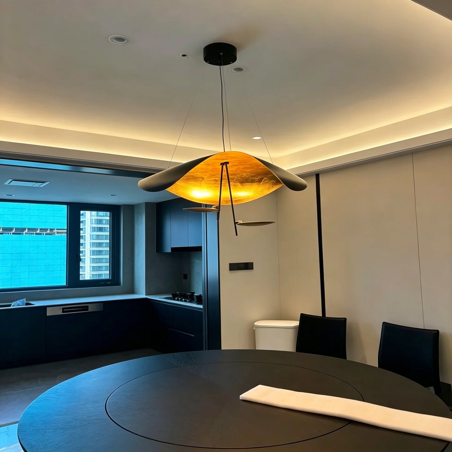 Black and gold foil modern minimalist luxury chandelier with LED lighting and remote control