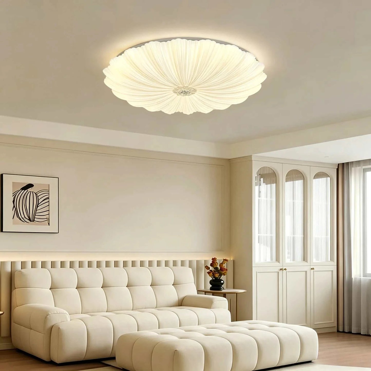Cream French light luxury flush mount ceiling lamp with modern minimalist design for bedroom and study rooms