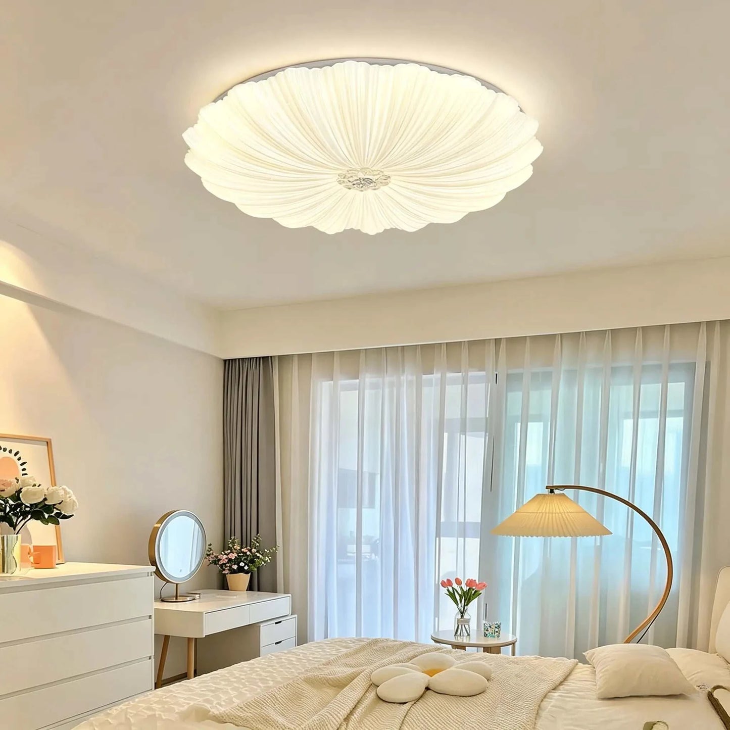 Cream French light luxury flush mount ceiling lamp providing soft, anti-glare illumination for modern bedroom and study decor