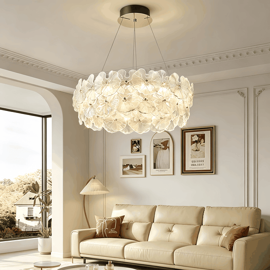 French luxury designer ceiling light with layered petal glass shades and adjustable LED lighting for living and dining rooms