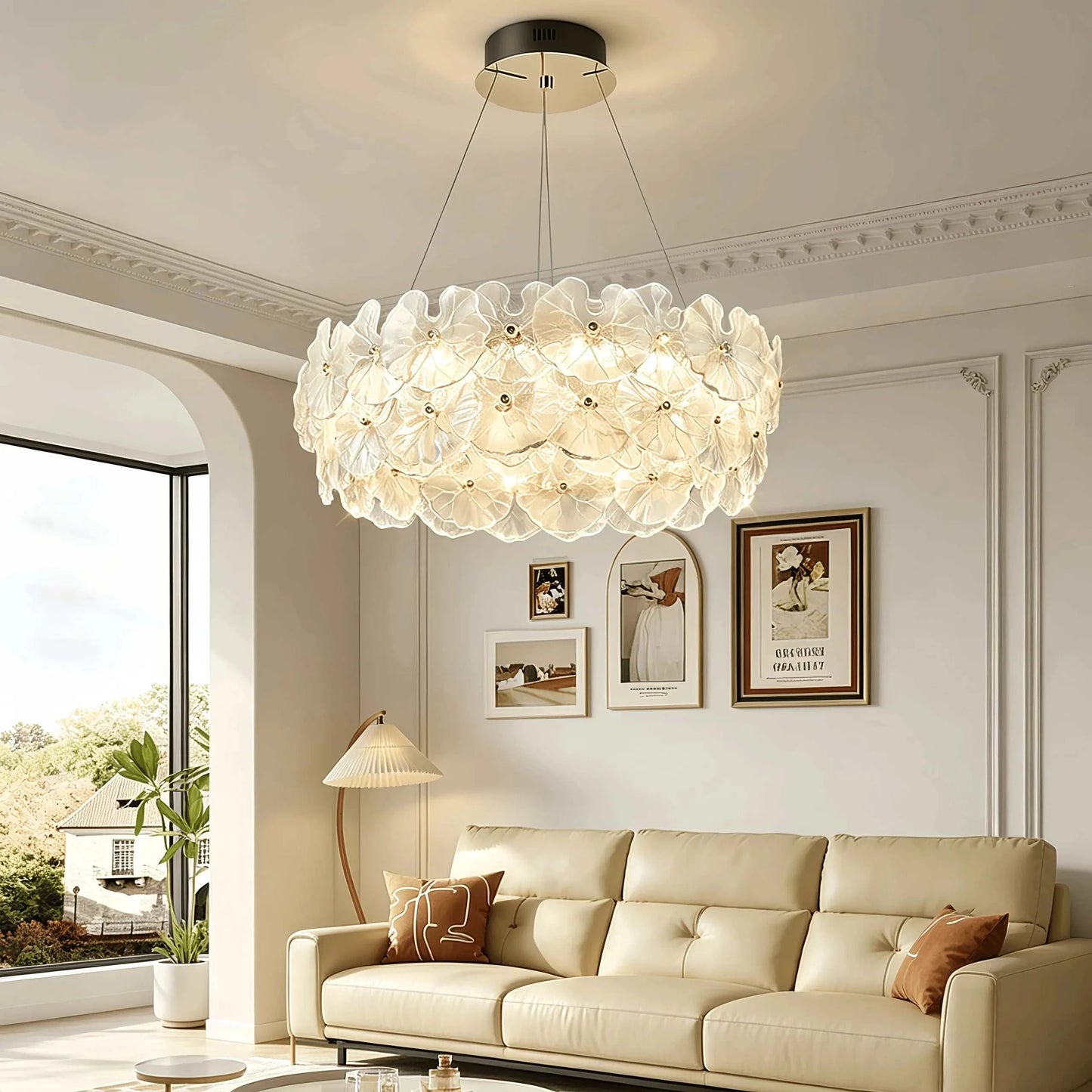 French luxury designer ceiling light with layered floral glass petals and adjustable LED lighting in modern living room setting