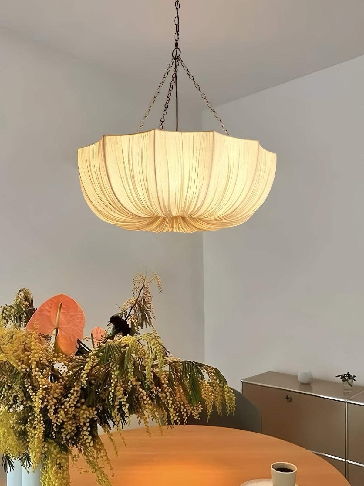French vintage fabric pendant light with eco-friendly linen shade providing warm ambient lighting for living and dining spaces