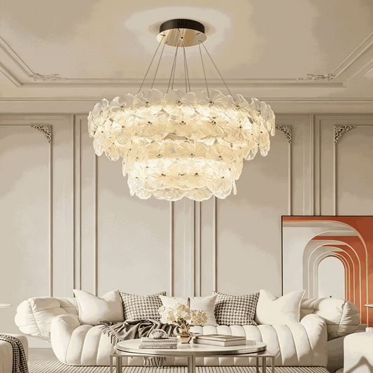 French luxury designer ceiling light with layered floral glass petals and adjustable LED lighting