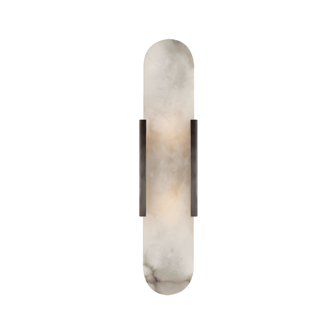 Modern marble wall light with white marble shade and black gold accents illuminating warm ambient indoor lighting