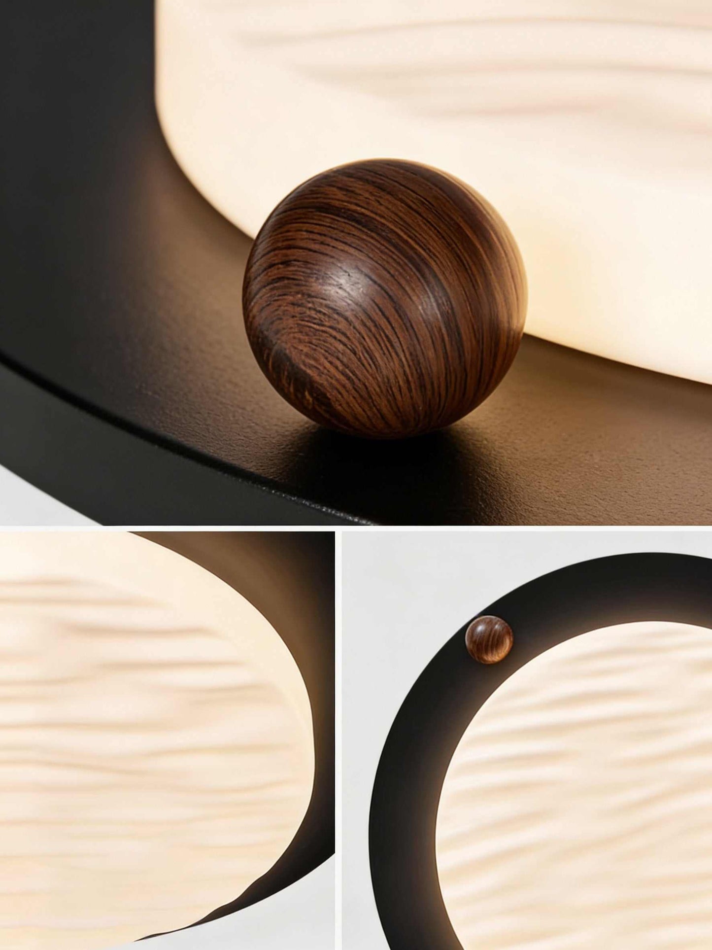 Minimalist walnut wood grain bedroom ceiling light with black round corrugated shade and starry sky effect