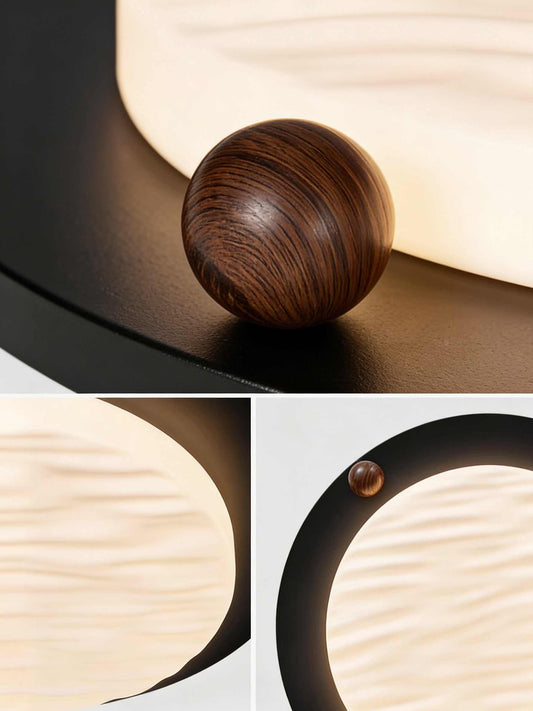 Walnut wood grain bedroom ceiling light with milk bean design and LED ambient lighting