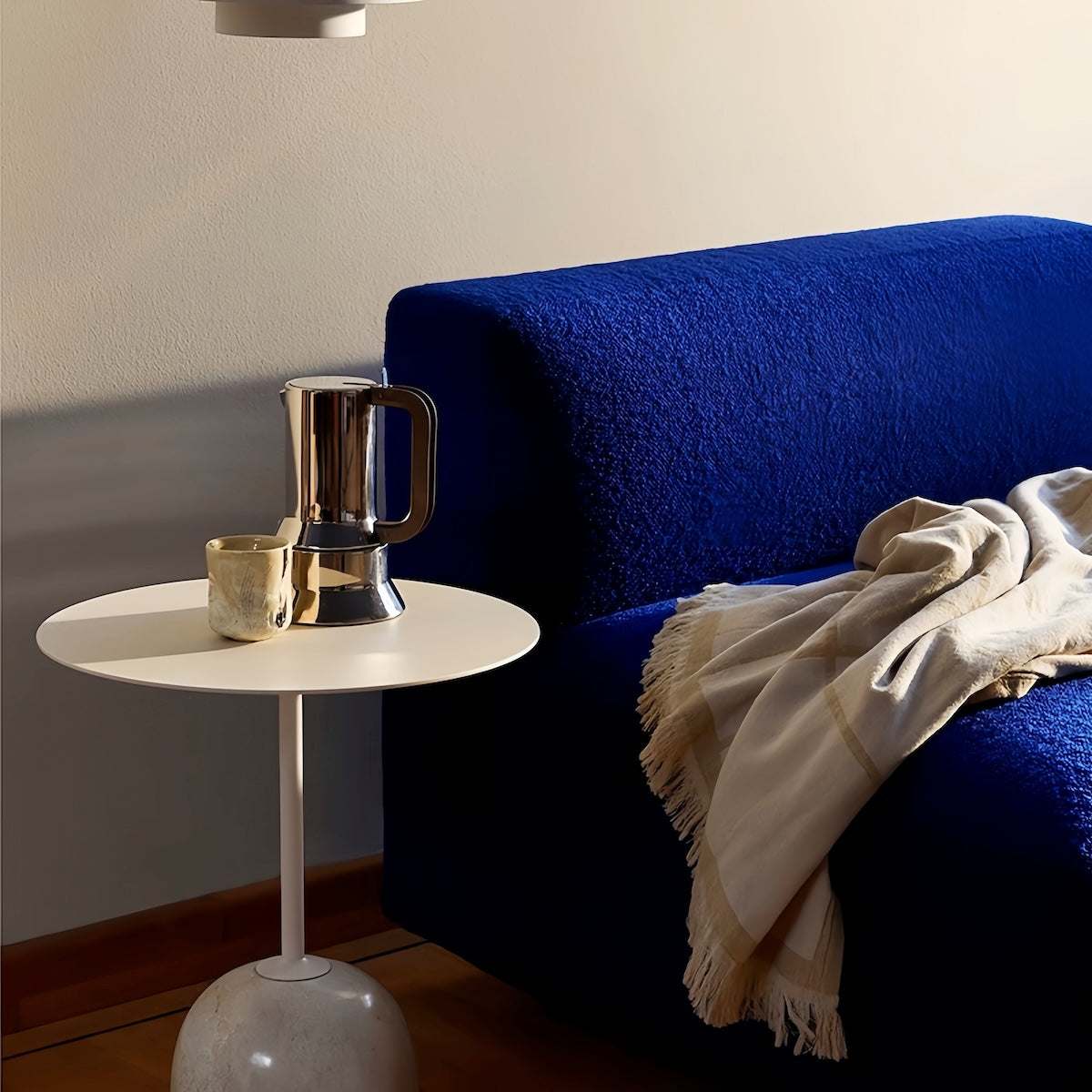 Minimalist round marble coffee table with walnut base for living and bedroom decor