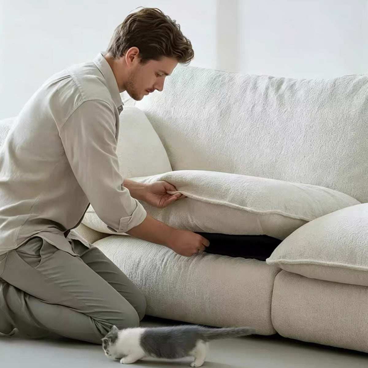 Fabric Sofa - Retro Cream Down-Filled Straight Sofa for Living Room