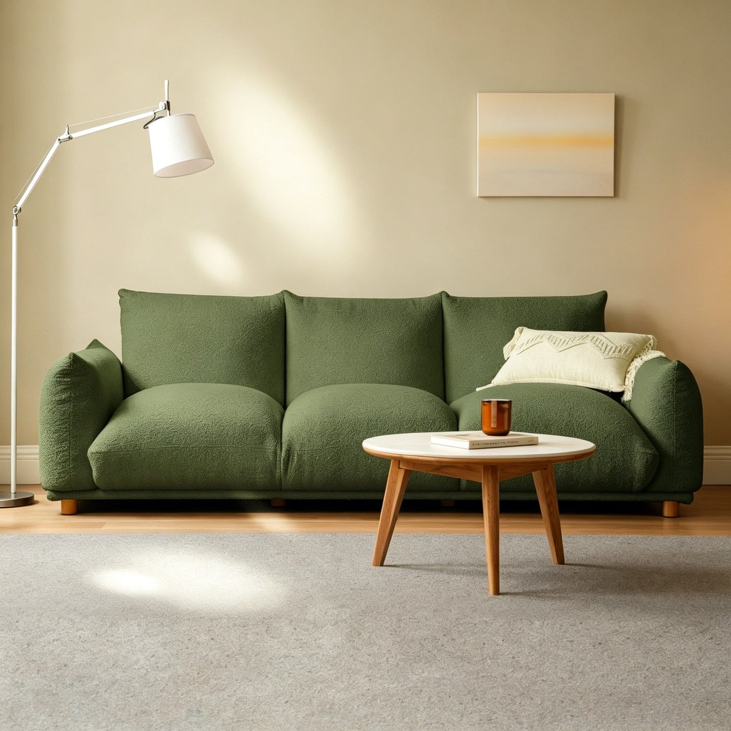 Cream Sofa - Wabi-Sabi Cream Cream Sofa with Faux Lamb Wool Fabric for Living Room