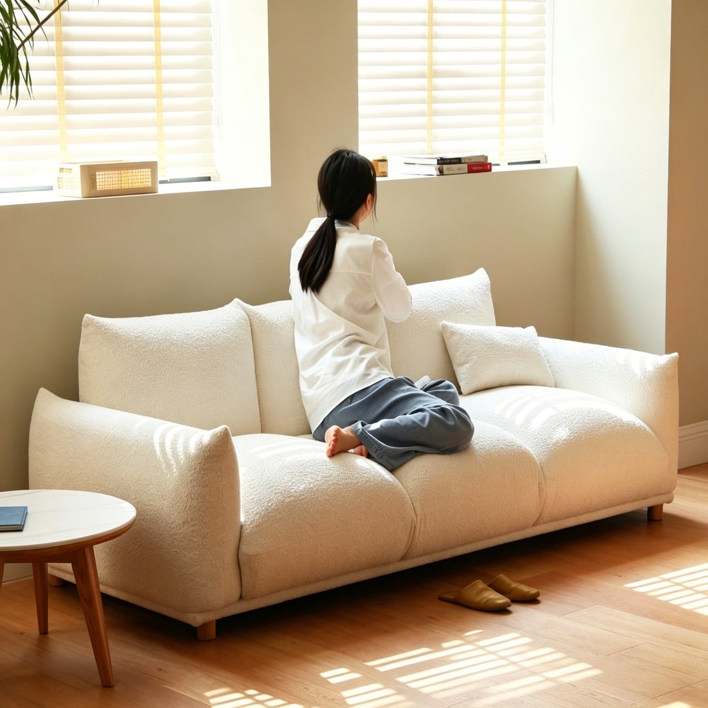 Cream Japanese Wabi-Sabi U-shaped sofa with white faux lamb wool fabric and pine wood frame