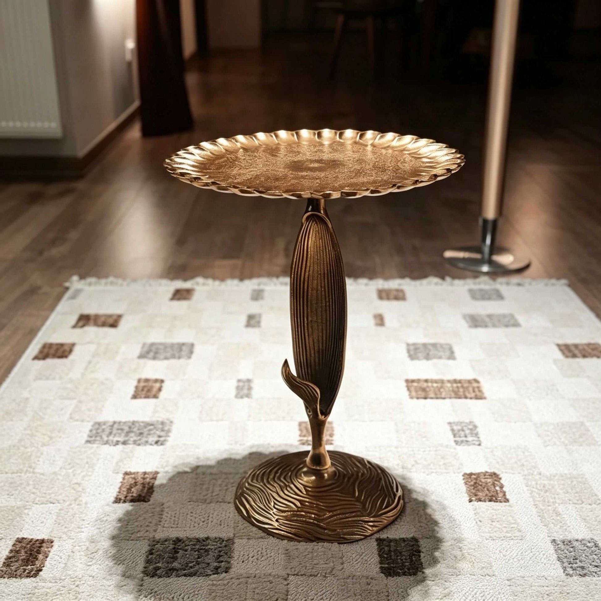 Luxury aluminum sofa side table with scalloped tabletop and leaf-shaped stem for modern bedroom and living room decor