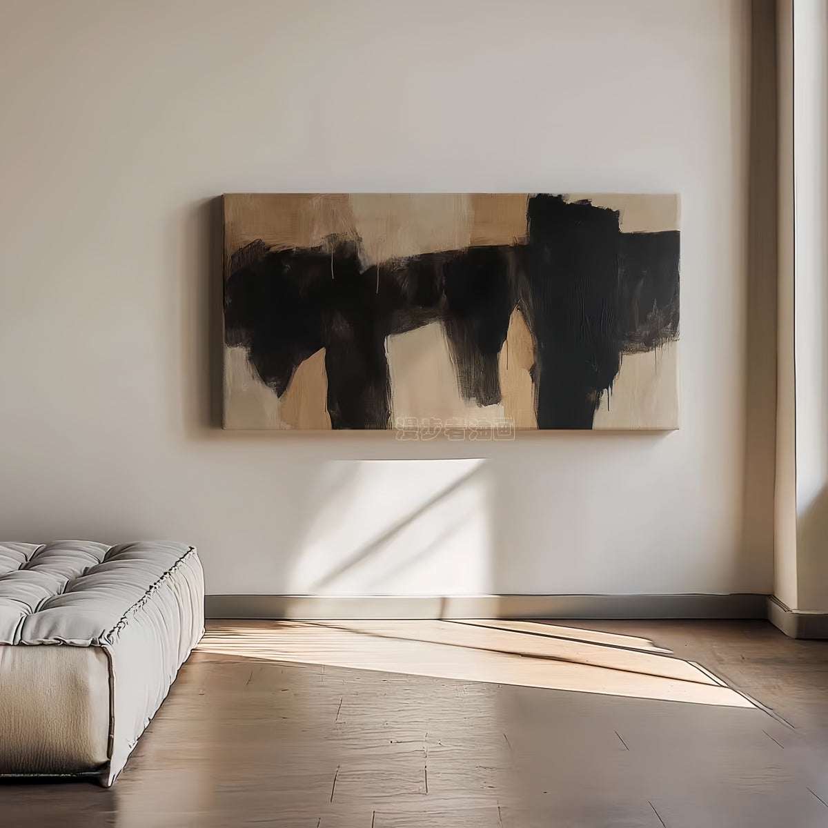 Minimalist wabi-sabi hand-painted oil painting on cotton-linen canvas with rich textures and subtle ink tones