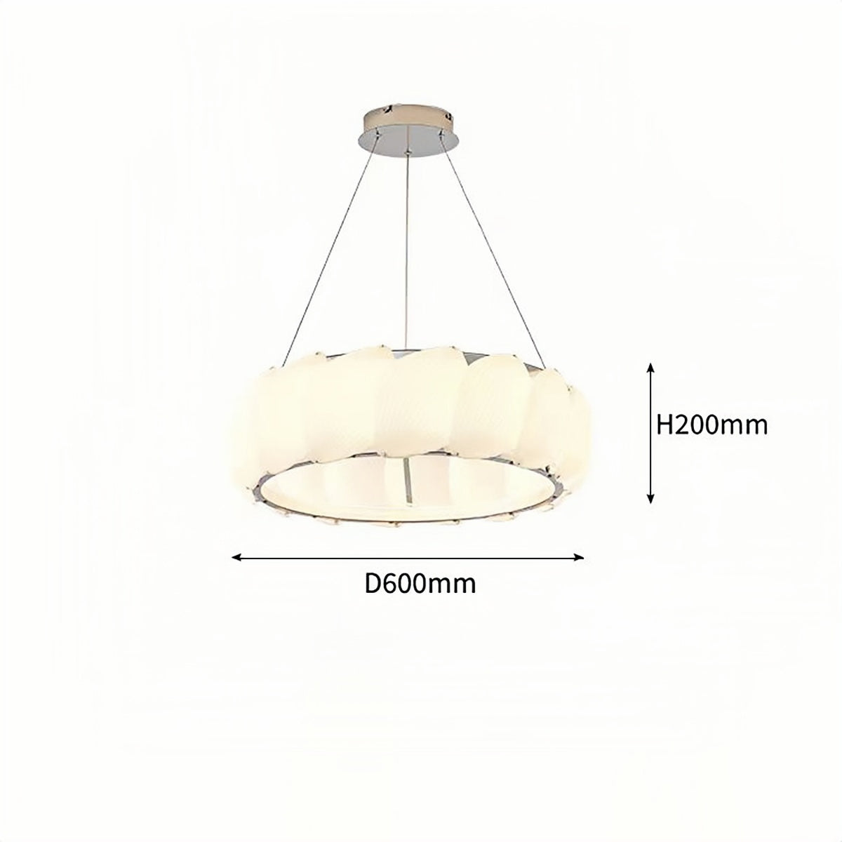Modern ring pendant light with creamy LED glow and minimalist circular design, 600mm diameter and 200mm height.