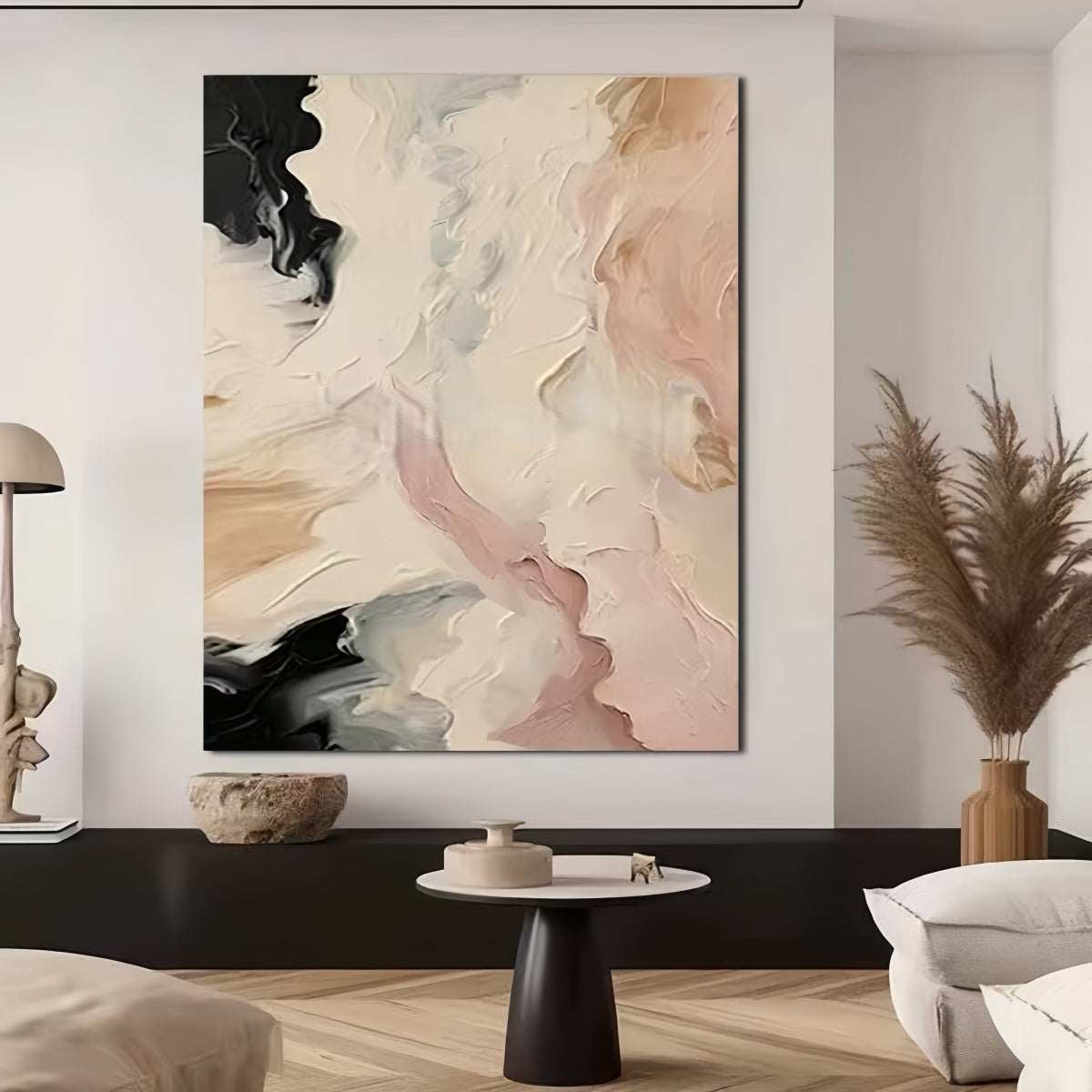 Frameless hand-painted oil painting abstract cream wabi-sabi wall art with textured brushstrokes