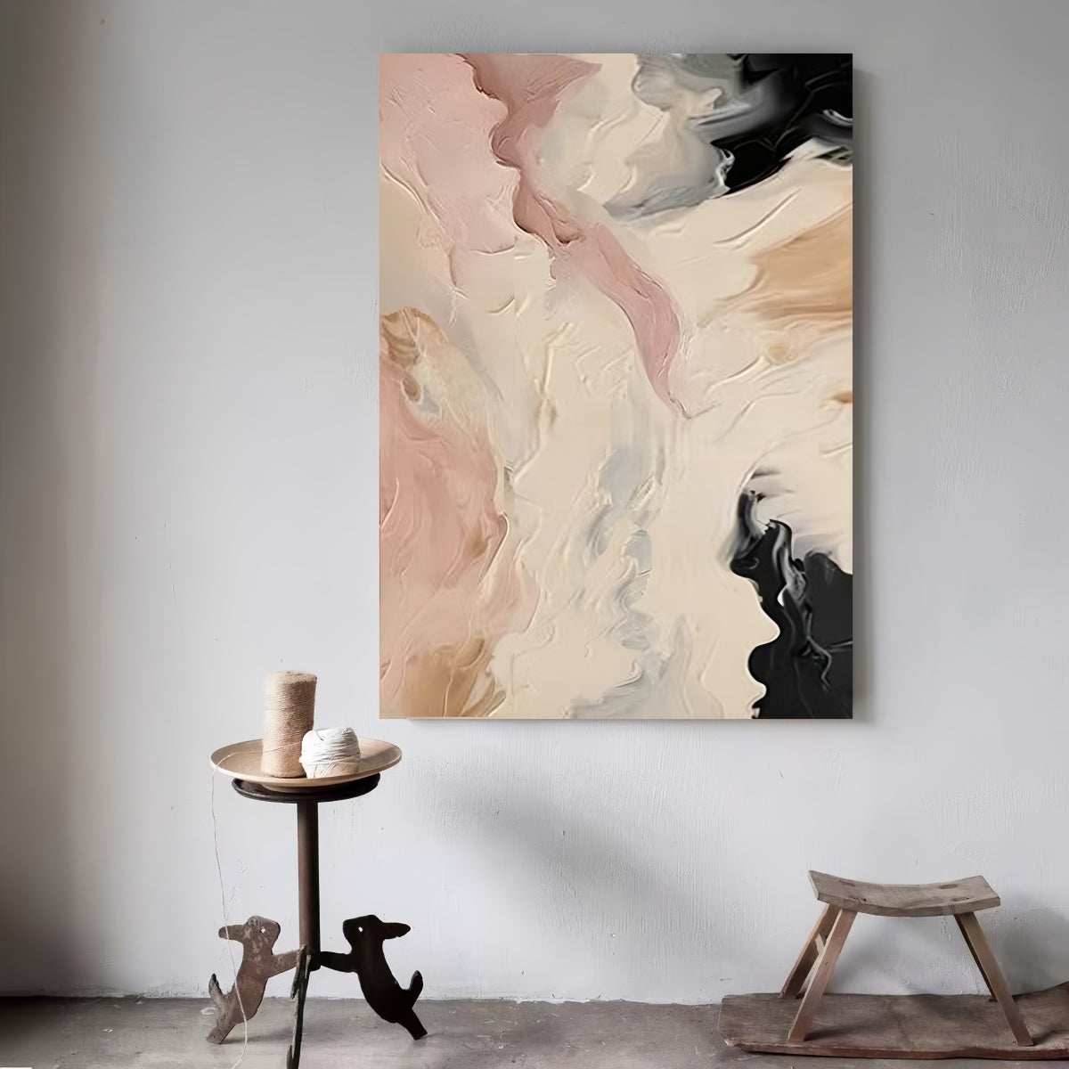 Frameless hand-painted oil painting with cream tones and abstract wabi-sabi design