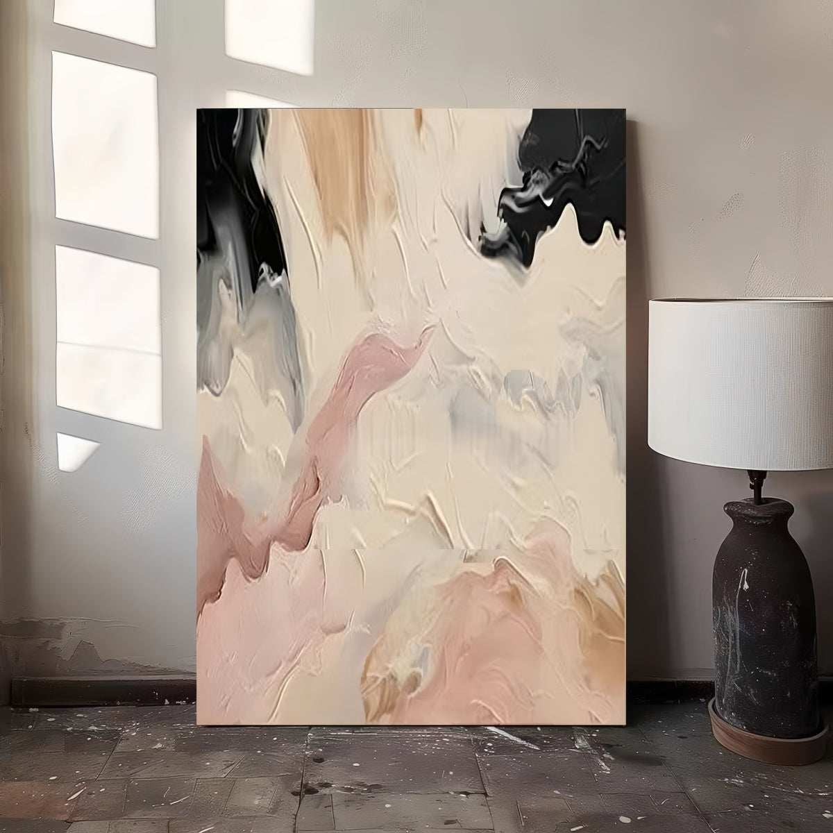 Frameless hand-painted oil painting with cream abstract wabi-sabi design and textured brushstrokes