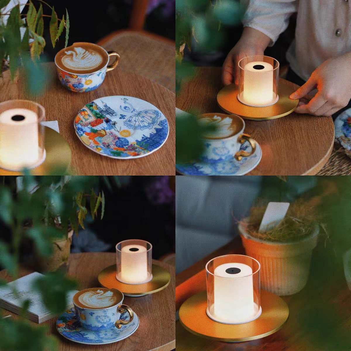 Rechargeable ambience night lamp with warm LED glow on wooden table near coffee cups and plant decor