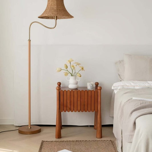 Vintage solid wood bedside table with hidden drawer and wide tabletop in French mid-century style