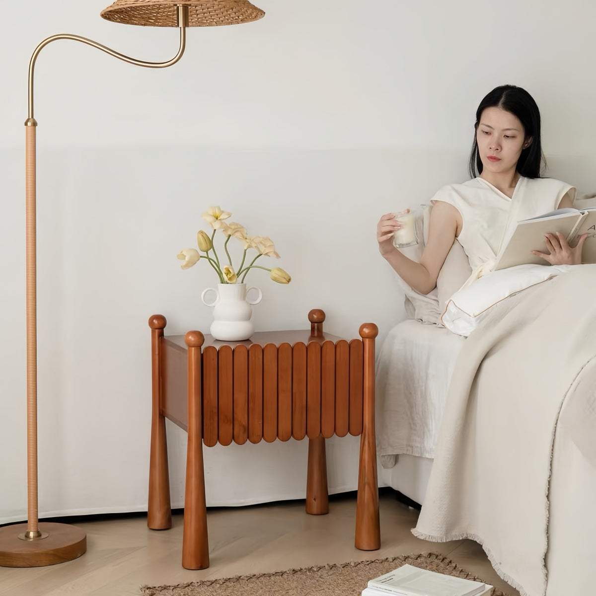 French vintage solid wood bedside table with wide tabletop and hidden drawer for bedroom storage