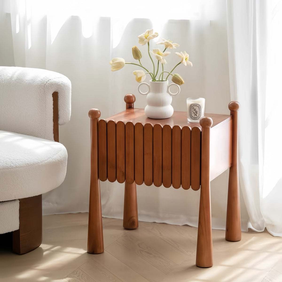 Vintage solid wood bedside table with retro design and spacious tabletop in bedroom setting