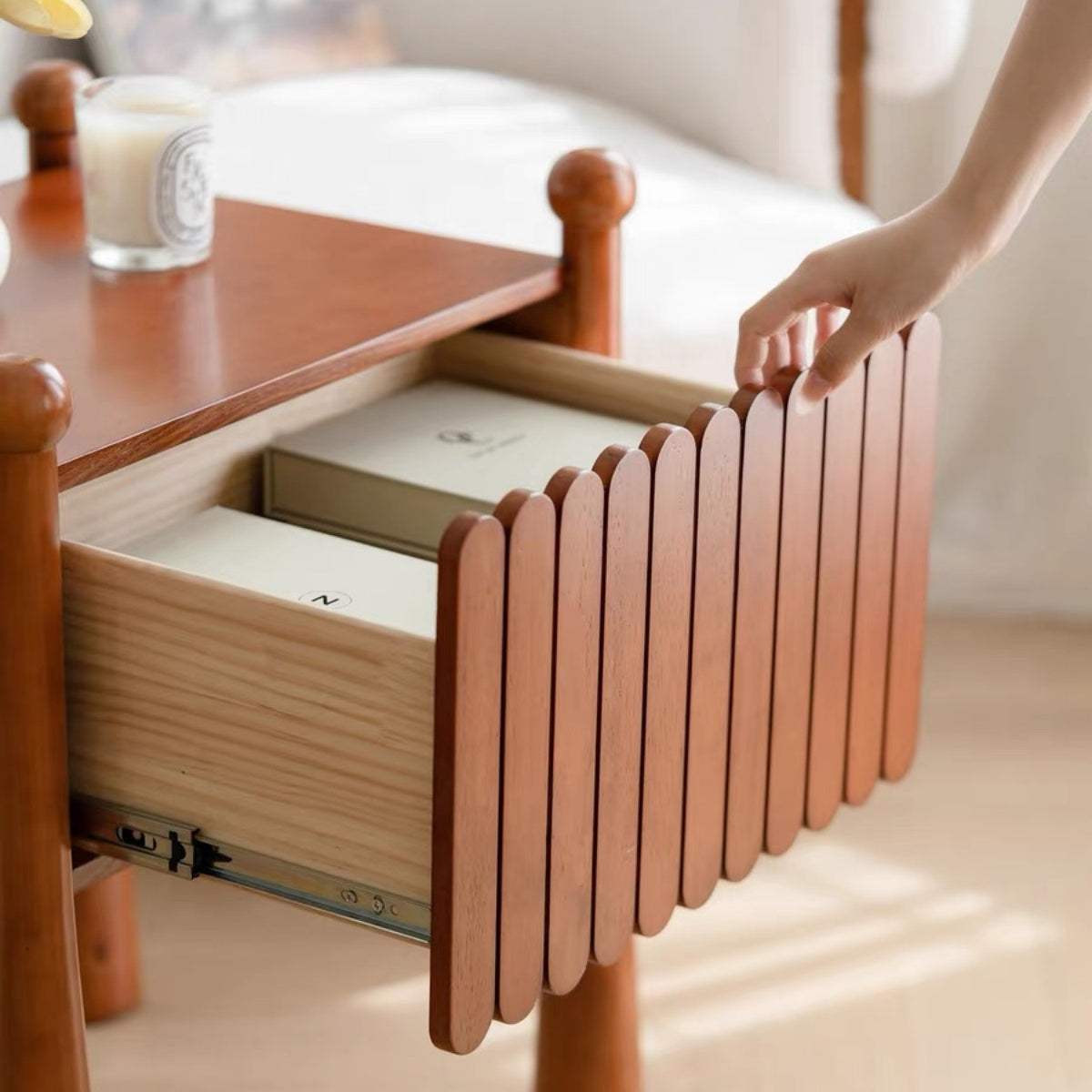 French vintage solid wood bedside table with wide tabletop and hidden drawer for bedroom storage