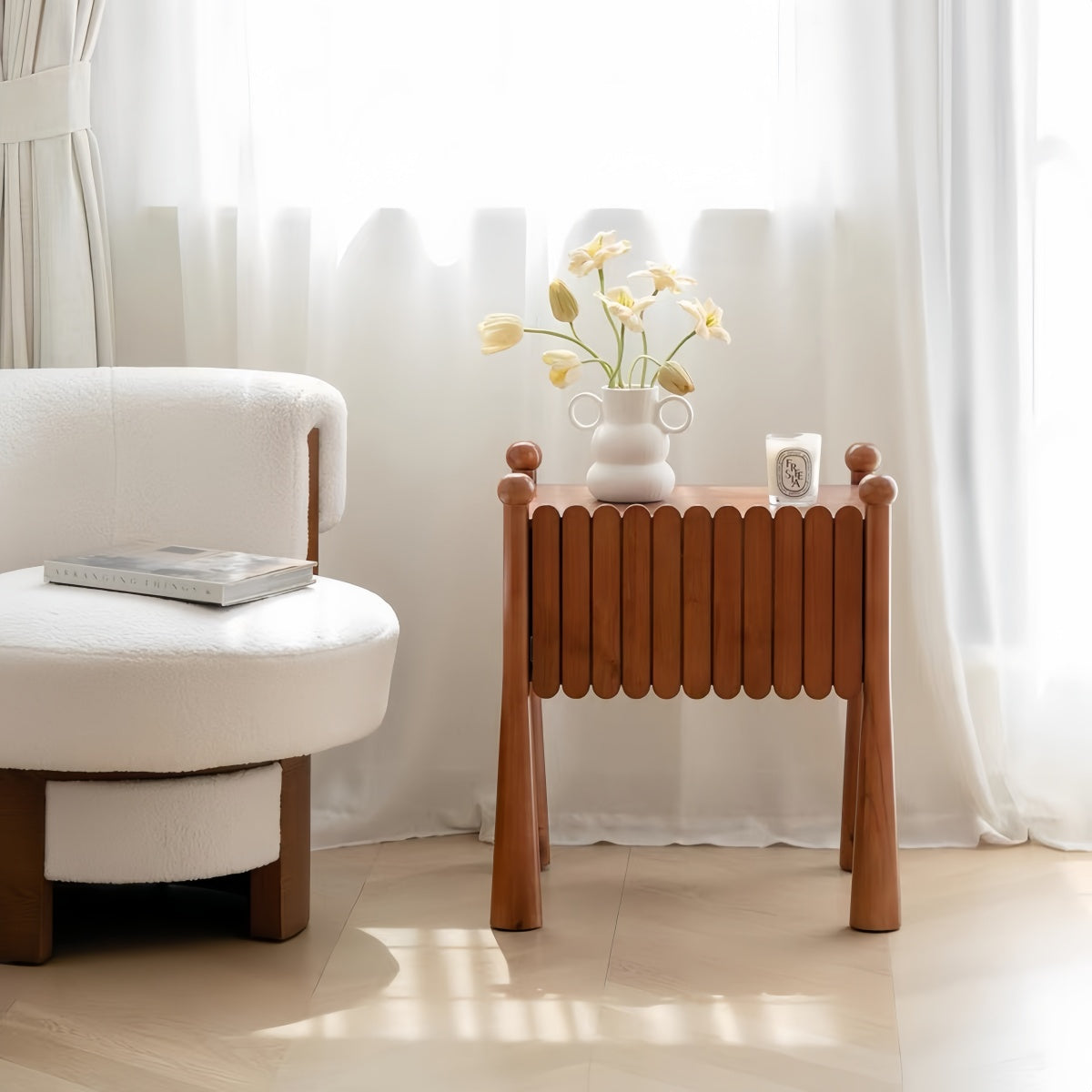 Vintage solid wood bedside table with French mid-century design and hidden drawer for bedroom storage