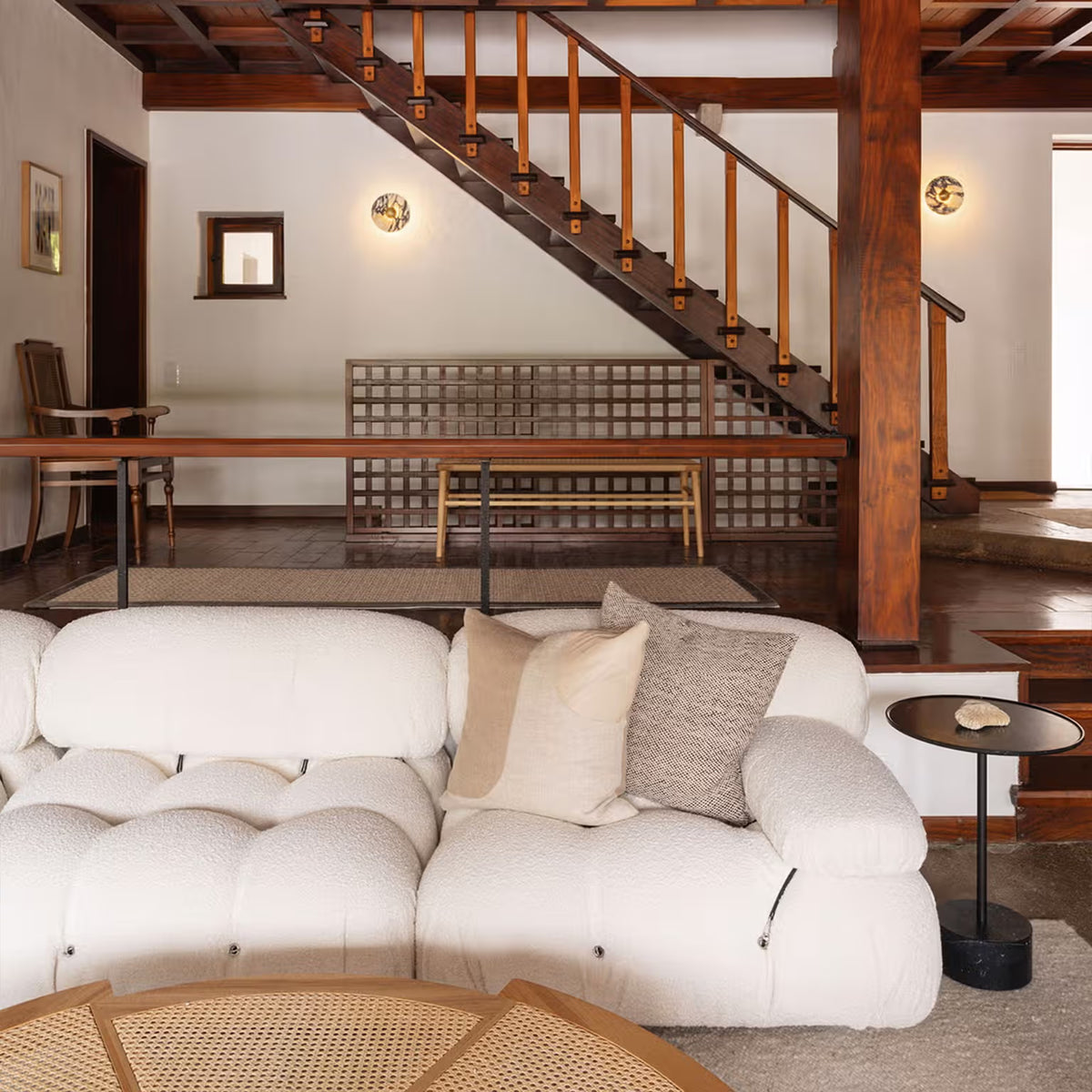 Camaleonda Modular Sofa in luxurious chenille fabric with modular design, brass connectors, and wooden feet