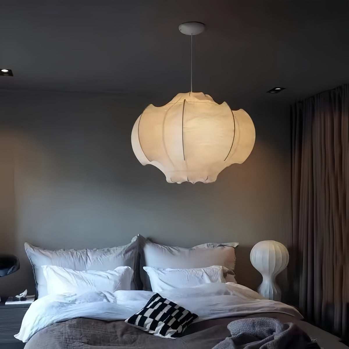 Bedroom silk pendant light with vintage French Wabi-Sabi design and soft creamy silk shade
