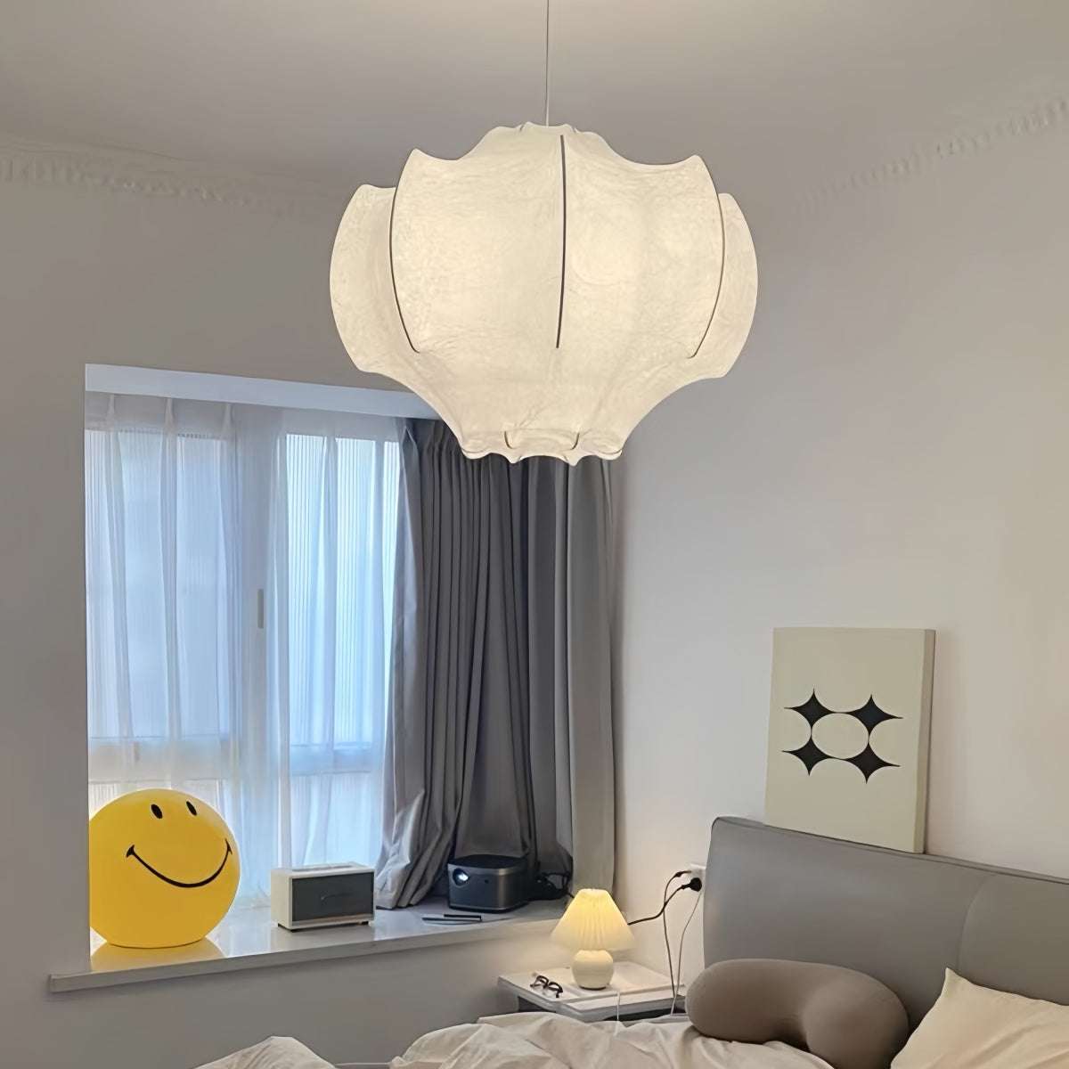 Bedroom silk pendant light with vintage French and Wabi-Sabi design, soft warm silk shade, ideal for cozy bedrooms and cream-style interiors.