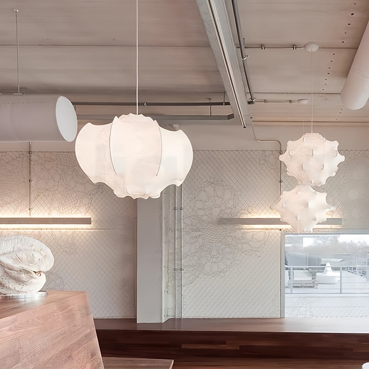 Bedroom silk pendant light with vintage Wabi-Sabi silk shade and warm diffused lighting