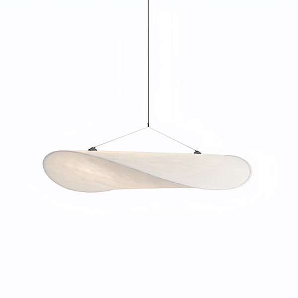 Modern living room pendant light with soft, warm Dupont paper shade and elegant contemporary design