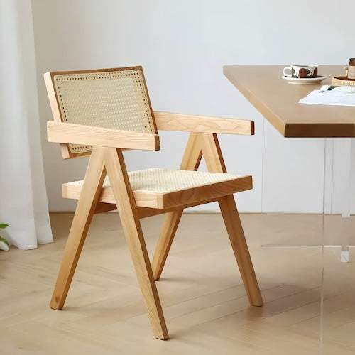 Chandigarh Leisure Rattan Chair with natural rubberwood frame and hand-woven rattan seat in minimalist modern design
