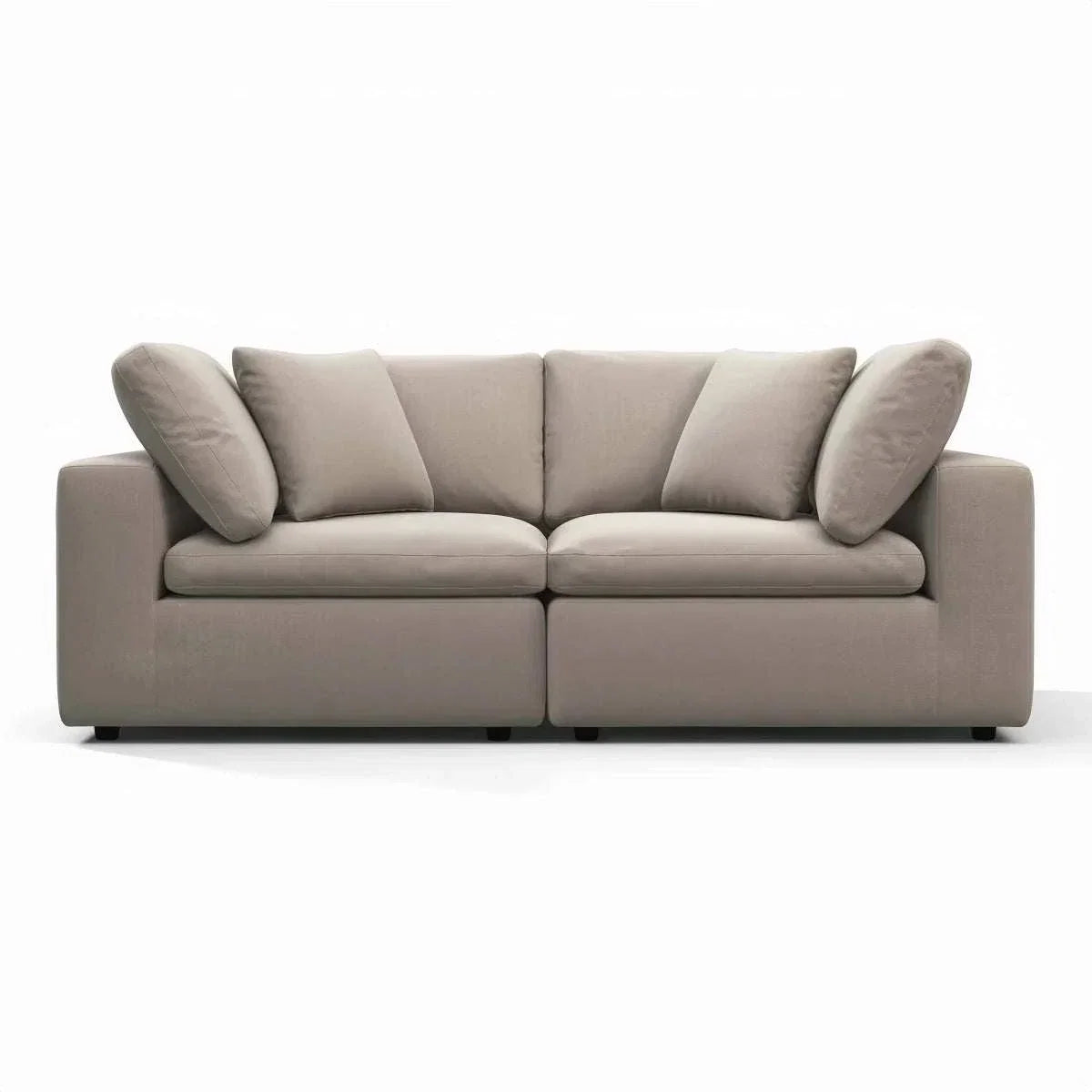 Oulton Sofa with stain-resistant linen upholstery and feather-down cushions on Merbau wood frame