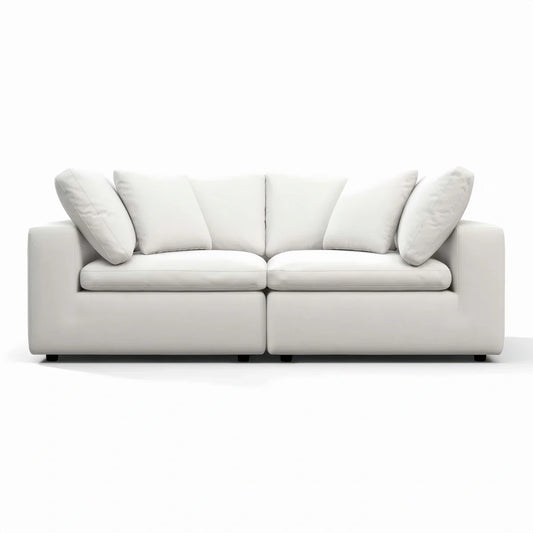 Oulton Sofa with overstuffed feather cushions and stain-resistant linen upholstery in a modern living room
