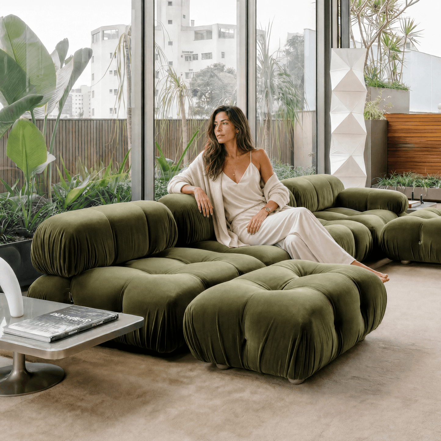 Camaleonda Modular Sofa in premium Sunbrella fabric with brass connectors and wooden feet in modular design