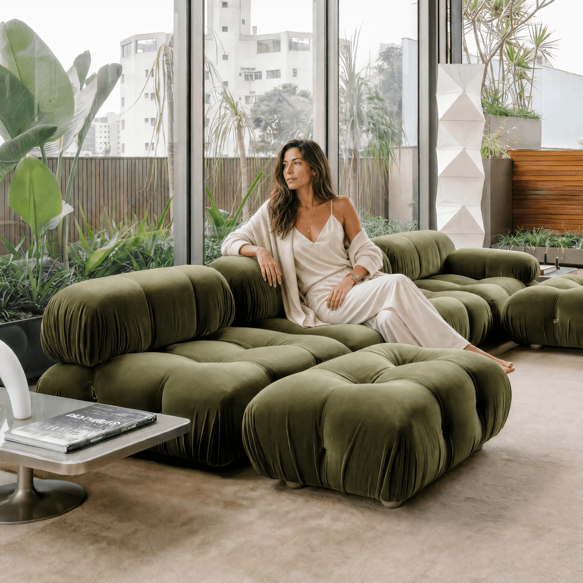Camaleonda Modular Sofa in premium Sunbrella fabric with brass connectors and wooden feet in modular design