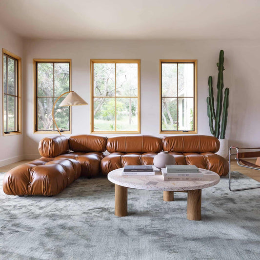 Camaleonda modular leather sofa with bold, puffy design and premium aniline leather upholstery