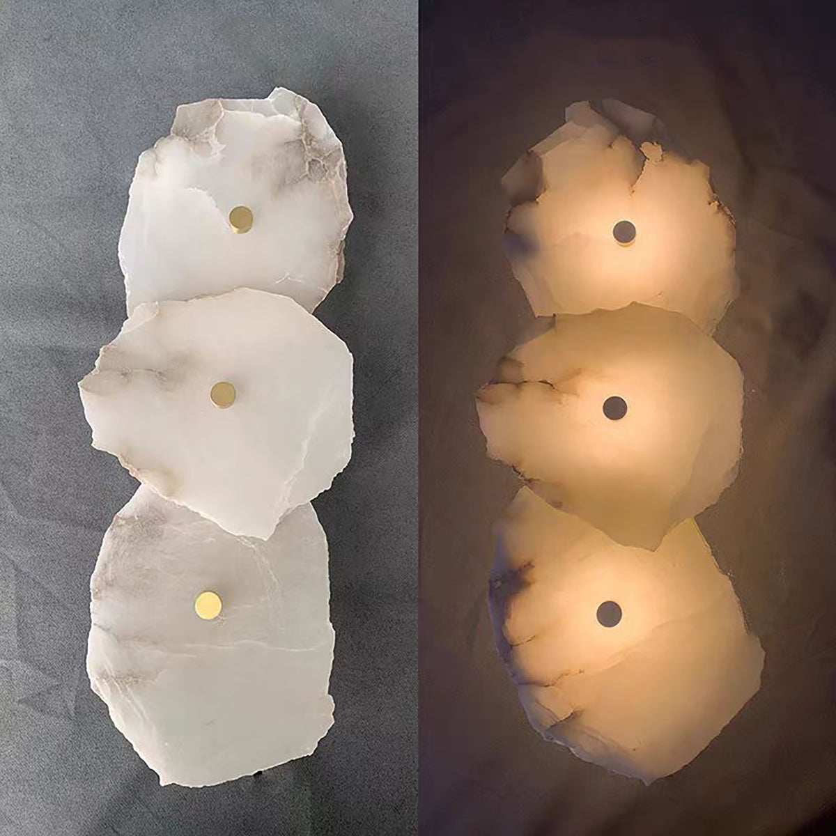 Modern marble wall light with three circular natural marble discs and solid brass fixtures, emitting warm white LED light for elegant interior decor