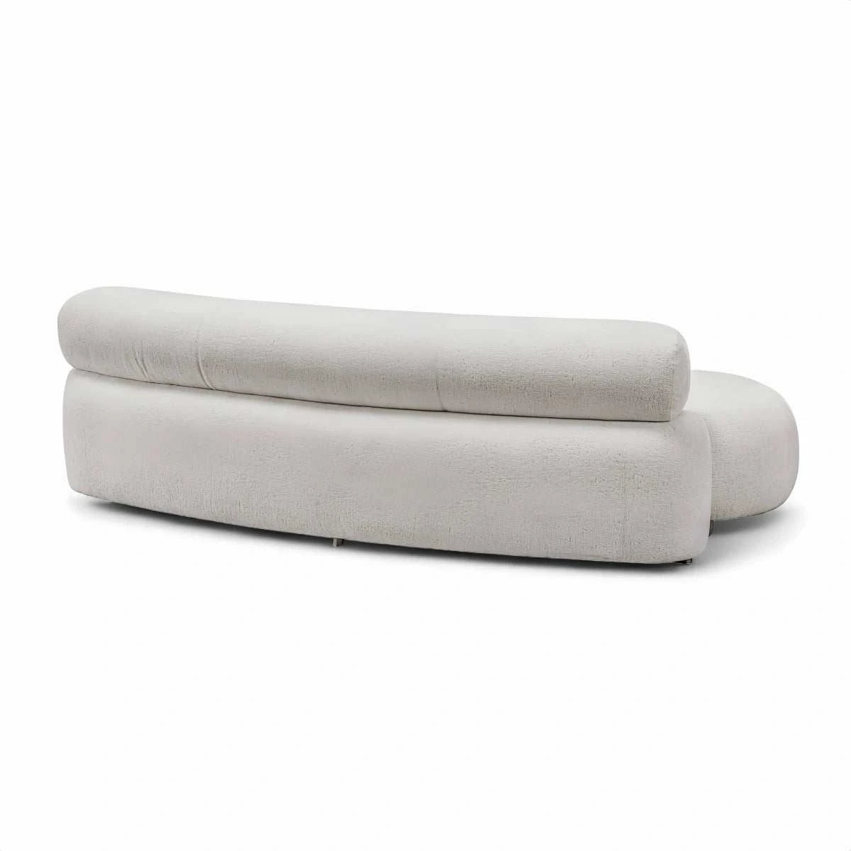 Eclipse Sofa featuring curved bouclé upholstery, low backrest, and stained oak legs with a modern minimalist design