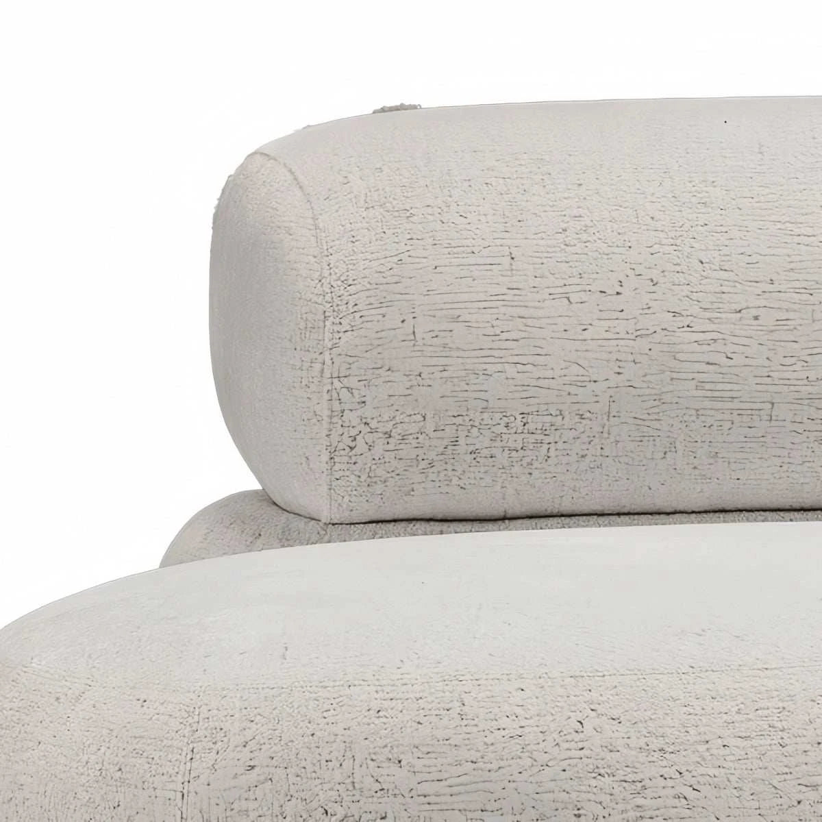 Eclipse Sofa with curved silhouette, rounded edges, textured bouclé upholstery, and low backrest on stained oak legs
