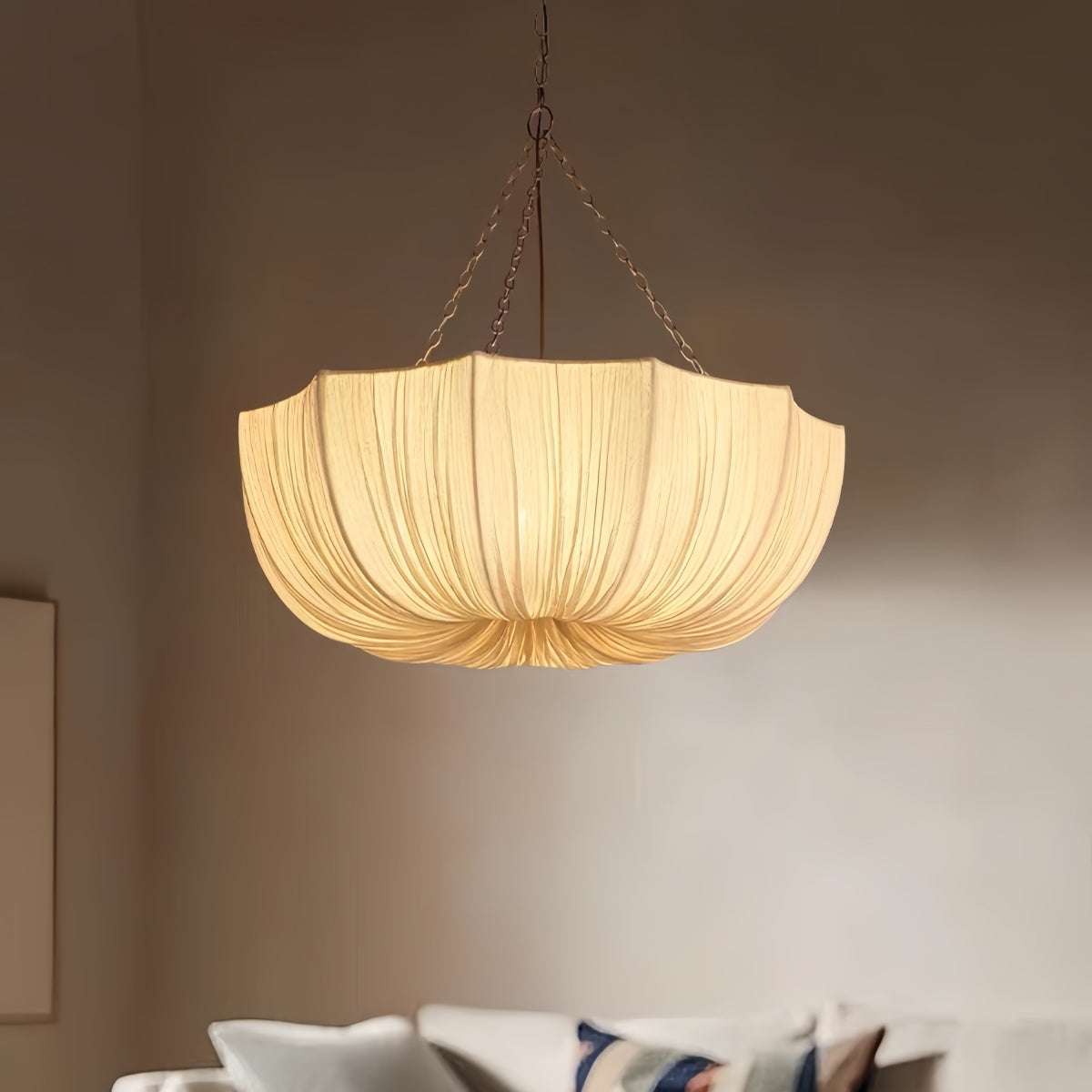 French vintage fabric pendant light with eco-friendly linen shade and warm ambient glow
