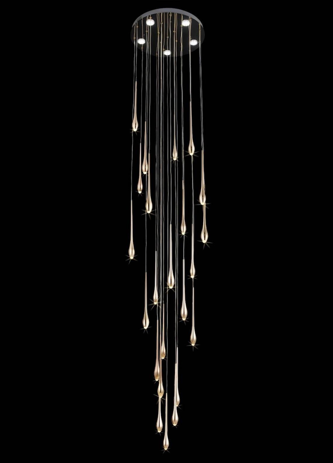 Minimalist LED chandelier with teardrop-shaped lights and adjustable cords for modern living rooms and staircases
