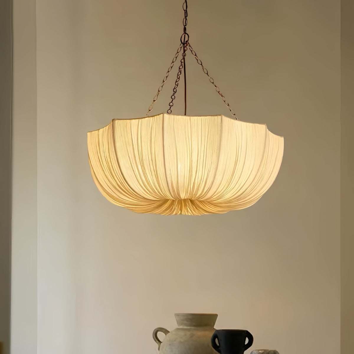 French vintage fabric pendant light with eco-friendly linen lampshade for warm ambient lighting in living and dining spaces
