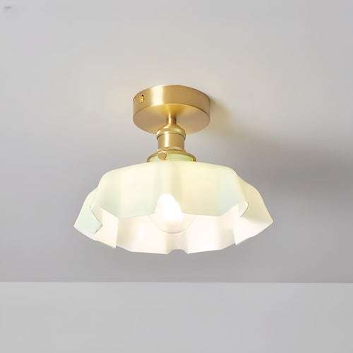 Elegant modern flush mount ceiling light with milky glass shade and polished copper fixture