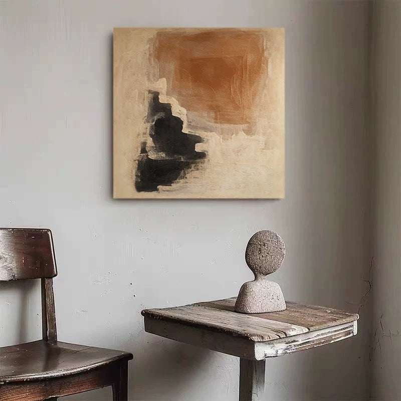 Vintage hand-painted abstract Wabi-Sabi oil painting with textured surface on framed canvas for living room decor