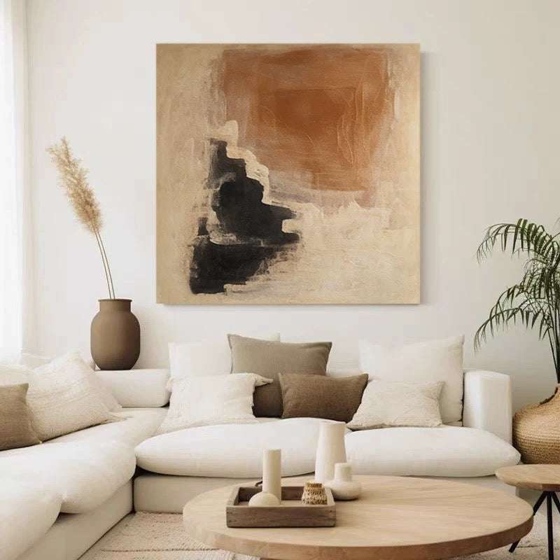 Vintage hand-painted abstract Wabi-Sabi oil painting with textured canvas wall art
