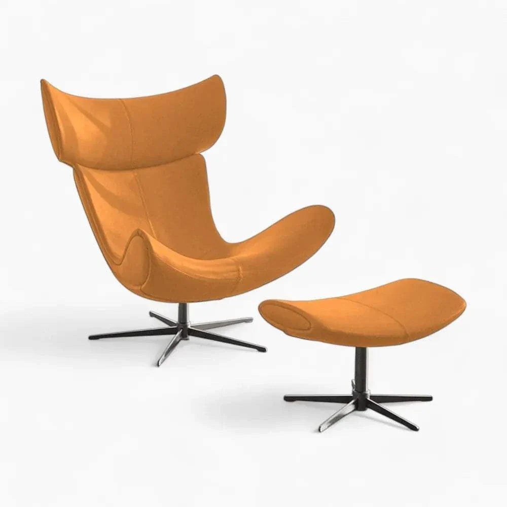 Imola Lounge Chair with matching footstool in orange Italian leather and chrome legs, ergonomic Danish design by Henrik Pedersen