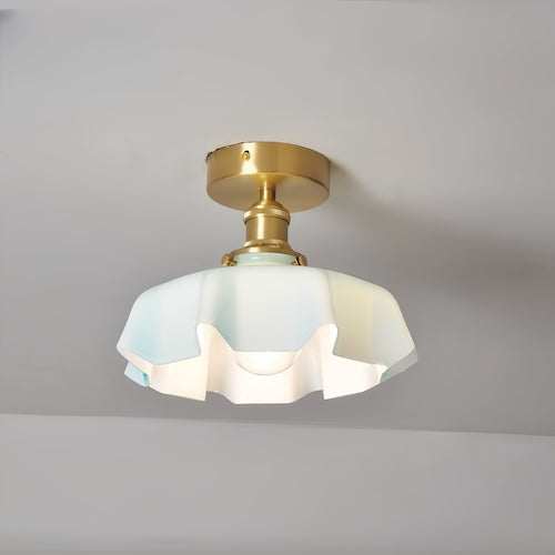 Modern flush mount ceiling light with milky glass shade and polished copper fixture