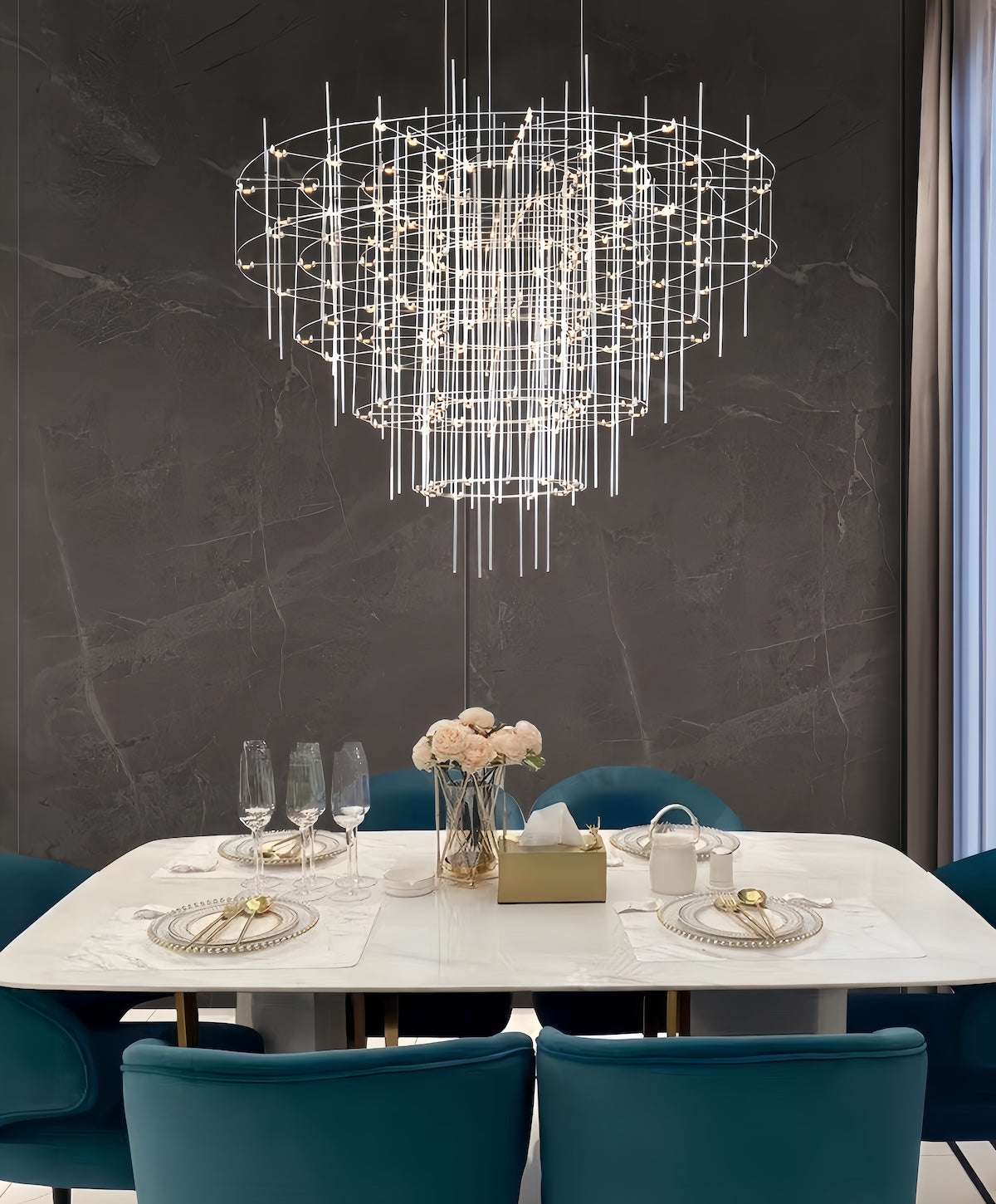Starry Sky Pendant Lamp modern stainless steel chandelier with brushed gold finish above dining table in luxury room