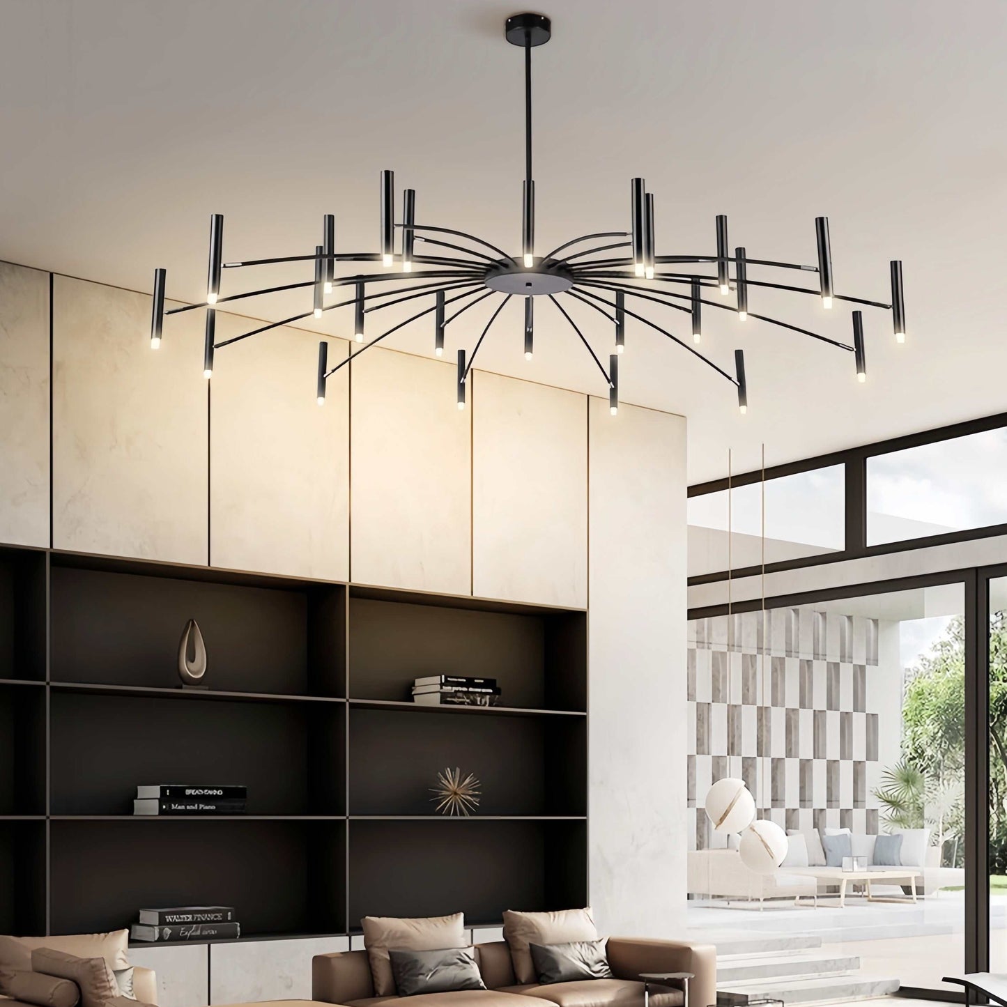 Modern black metal dining room chandelier with 24 adjustable LED candle-style lights in contemporary living space